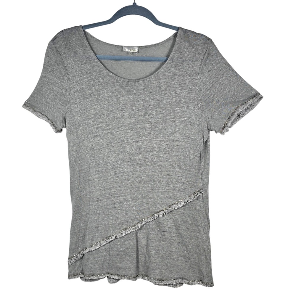 Ecru Women Top Medium Grey 100% Linen Short Sleeve Fringe Trim Scoop Neck Light